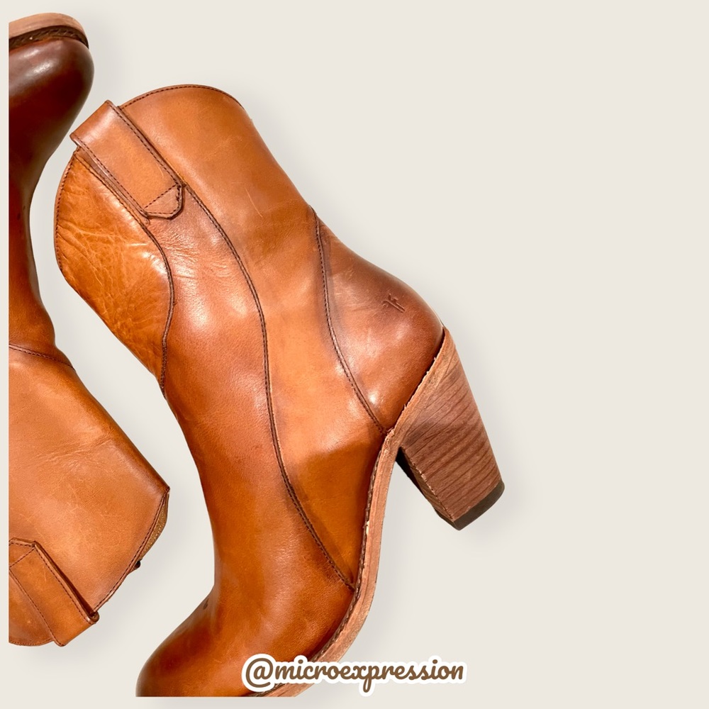 Frye Mustang Seam Short Cognac Brown Leather Cowboy Pull-on Heeled Ankle Bootie - Picture 11 of 15